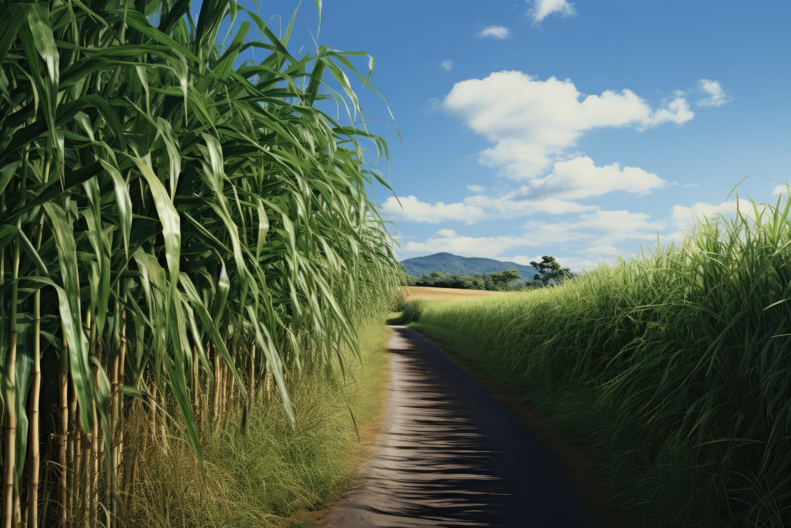 Stalks Of Sugar Cane Against Plantation Backdrop.